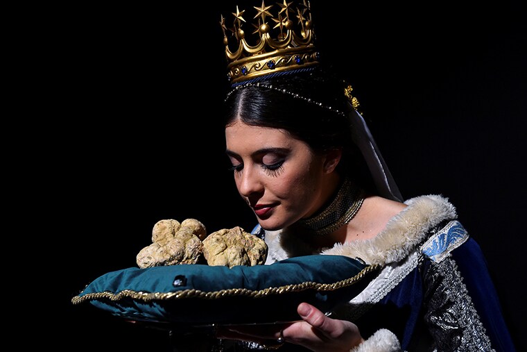 A set of white Alba truffles weighing 850 grams is seen during the international auction for truffles at the Castle of Grinzane Cavour, in Grinzane Cavour near Alba, Italy, November 14, 2021. The price for white truffles fluctuates, it can be priced more than €4,000 per kilogram.