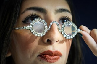A pair of Mughal spectacles from India, set with diamond lenses in diamond-mounted frames ( lenses circa 17th Century, frames 19th Century), estimated at 1,500,000 - 2,500,000 British Pounds previewed at Sotheby"s on October 22, 2021 in London, England. These will be offered at auction for the first time on October 27.