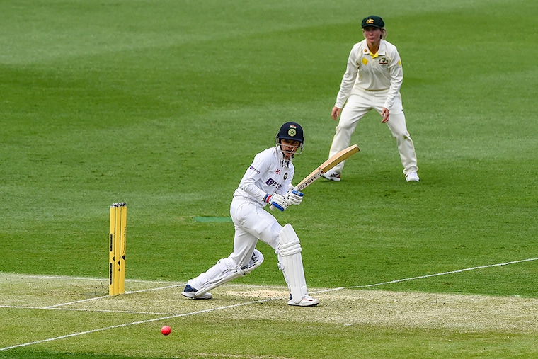 Smriti Mandhana bats during Day 1 of the Women"s International Pink-Ball Test match between Australia and India at Metricon Stadium on September 30, 2021 in Gold Coast, Australia. Mandhana is unbeaten on 70 runs while play halted due to bad weather.