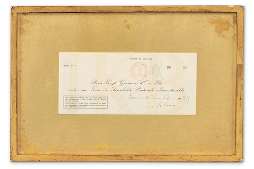 "Zone de sensibilité picturale immatérielle Série n°1, Zone n°02" by Yves Klein (1959) fetched over €1 million at auction.
Image: Courtesy of Sotheby"s "Zone de sensibilité picturale immatérielle Série n°1, Zone n°02" by Yves Klein (1959) fetched over €1 million at auction.
Image: Courtesy of Sotheby"s