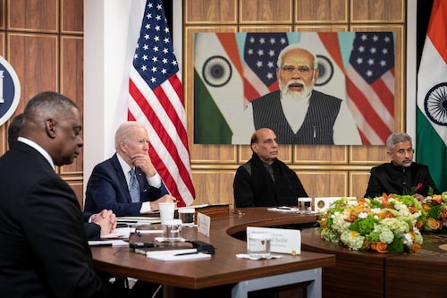 Political leaders including Indian Prime Minister Narendra Modi and US President Joe Biden at a virtual summit to exchange views on Ukraine. (Credit: Drew Angerer / GETTY IMAGES NORTH AMERICA / Getty Images via AFP)