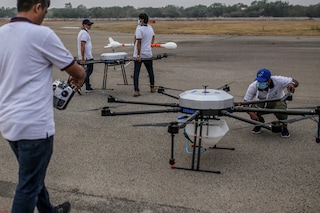 Workers test a CSIR-NAL octocopter drone at the Wings India 2022 Air Show held at Begumpet Airport in Hyderabad, India, on Thursday, March 24, 2022.
Image: Dhiraj Singh/Bloomberg via Getty Images