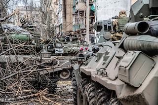 Russian/ pro-Russian armour gathers in eastern Mariupol for an assault on the Azovstal plant where fierce fighting continues. The battle between Russian / Pro Russian forces and the defending Ukrainian forces led by the Azov battalion continues in the port city of Mariupol. (Credit: Maximilian Clarke/SOPA Images/LightRocket via Getty Images)