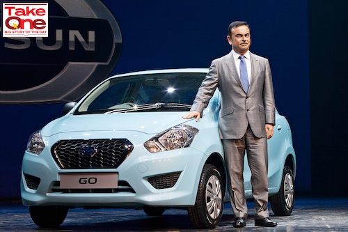 A file photo of Carlos Ghosn, CEO of Nissan Motor Co., with the company"s new Datsun Go vehicle at a media event in Gurgaon, India, July 15, 2013. Nissan unveiled its first model under the revived Datsun brand, a five-door hatchback, targeted at weaning budget buyers from Maruti Suzuki India Ltd. and Hyundai Motor Co. in Asia’s third-biggest car market.
Image: Prashanth Vishwanathan/Bloomberg via Getty Images