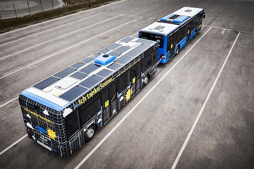 A first solar-powered test bus is expected to hit the streets of Munich this year.
Image: Courtesy of Sono Motors A first solar-powered test bus is expected to hit the streets of Munich this year.
Image: Courtesy of Sono Motors