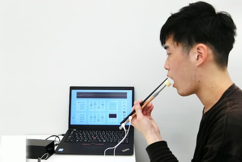 Meiji University in Tokyo has invented a chopstick device to help reduce salt consumption.
Image: Courtesy of Meiji University Meiji University in Tokyo has invented a chopstick device to help reduce salt consumption.
Image: Courtesy of Meiji University