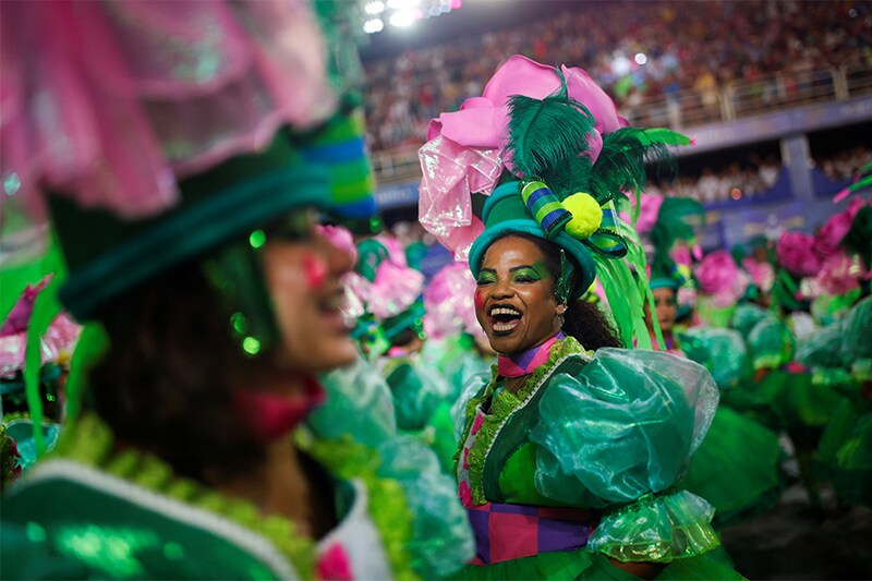 Revellers from Mangueira samba school perform during the first night of the Carnival parade at the Sambadrome in Rio de Janeiro, Brazil, April 22, 2022.