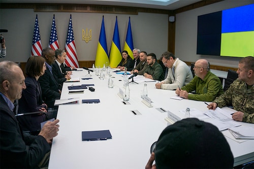 US Secretary of State Antony Blinken and Secretary of Defense Lloyd Austin traveled to Kyiv Sunday, the first visit by high-level American representatives to Ukraine since Russia invaded, US officials said.&nbspBlinken and Austin announced during the trip the gradual return of US diplomats to Ukraine starting "this week", a senior state department official said, plus more than $700 million in additional direct and indirect military aid.â€‹ (Credit: US Department of Defense/ AFP)