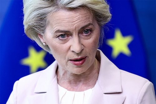European Commission President Ursula von der Leyen makes a statement in Brussels on April 27, 2022, following the decision by Russian energy giant Gazprom to halt gas shipments to Poland and Bulgaria in Moscow"s latest use of gas as a weapon in the conflict in Ukraine. (Credit: Kenzo TRIBOUILLARD / POOL / AFP) European Commission President Ursula von der Leyen makes a statement in Brussels on April 27, 2022, following the decision by Russian energy giant Gazprom to halt gas shipments to Poland and Bulgaria in Moscow"s latest use of gas as a weapon in the conflict in Ukraine. (Credit: Kenzo TRIBOUILLARD / POOL / AFP)