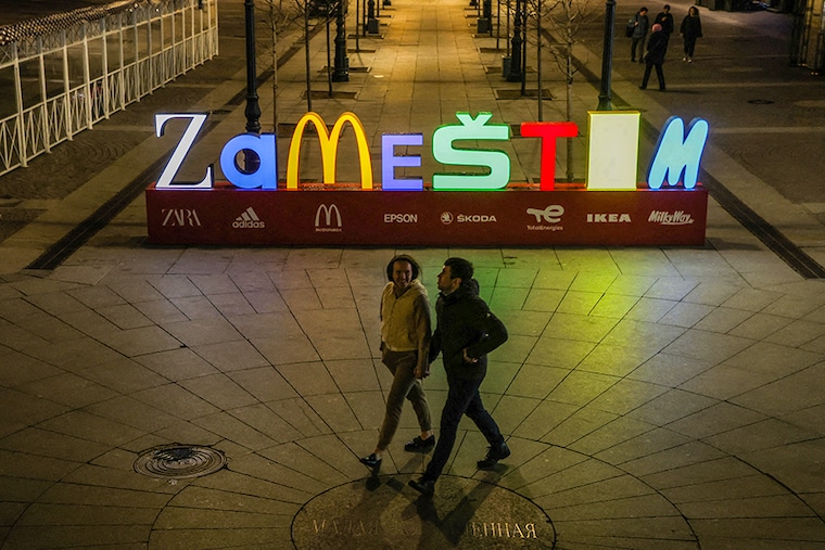An installation reading "We will substitute", made up of the first letters of the names of companies that announced their exit from Russia, or suspension of activities there, is seen in the street in Saint Petersburg, Russia April 27, 2022.