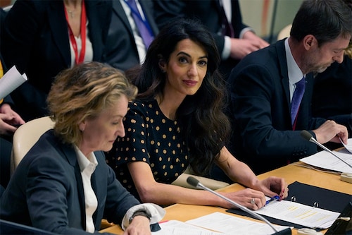Amal Clooney of the Clooney Foundation for Justice attends the United Nations "Arria-formula" meeting, an informal gathering of Security Council members, on April 27, 2022, in New york to discuss how the UN can support and coordinate accountability efforts for serious crimes in Ukraine.
Image: Timothy A. Clary / AFP Amal Clooney of the Clooney Foundation for Justice attends the United Nations "Arria-formula" meeting, an informal gathering of Security Council members, on April 27, 2022, in New york to discuss how the UN can support and coordinate accountability efforts for serious crimes in Ukraine.
Image: Timothy A. Clary / AFP