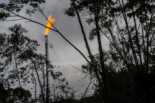 A gas flame burned at an oil well in Putumayo, Colombia on Feb. 6, 2022. One of the world’s largest sustainable development agencies has worked with energy companies to quash opposition and keep oil flowing, even in sensitive areas. (Federico Rios/The New York Times