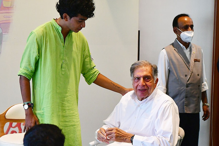 Industry titan Ratan Tata with founder Shantanu Naidu (left) at the launch of their initiative Goodfellows, India"s first companionship startup for senior citizens, at President Hotel, Cuffe Parade on August 16, 2022, in Mumbai, India. Goodfellows pairs senior citizens with young graduates to form meaningful friendships and companionship.