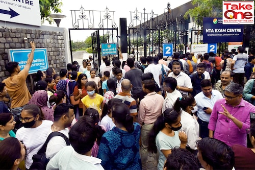 Students after appearing for the Common University Entrance Test-Undergraduate (CUET UG 2022), in the first slot, at North Campus, on July 15, 2022 in New Delhi, India.  With 14.9 lakh registrations, the CUET,  is now the second biggest entrance exam in the country, surpassing JEEMain"s 
Image: Sonu Mehta/Hindustan Times via Getty Images
