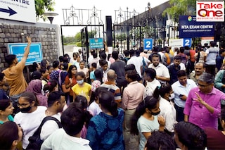 Students after appearing for the Common University Entrance Test-Undergraduate (CUET UG 2022), in the first slot, at North Campus, on July 15, 2022 in New Delhi, India. With 14.9 lakh registrations, the CUET, is now the second biggest entrance exam in the country, surpassing JEEMain"s
Image: Sonu Mehta/Hindustan Times via Getty Images