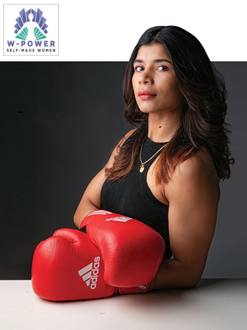 Nikhat Zareen, Boxer
Image: Selvaprakash Lakshmanan For Forbes India Styling: Bornalii Caldeira Makeup & Hair: Manjunatha.N Outfit: Swatee Singh Label