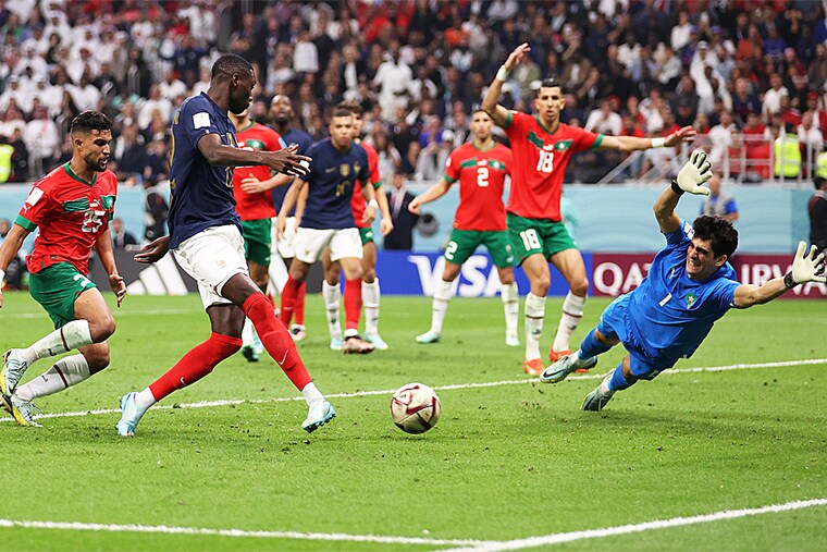Randal Kolo Muani of France scores the team"s second goal during the FIFA World Cup Qatar 2022 semi-final match between France and Morocco at Al Bayt Stadium on December 14, 2022, in Al Khor, Qatar. France defeated Morocco by 2-0. Les Bleus will play the final match with Argentina on Sunday, December 18.