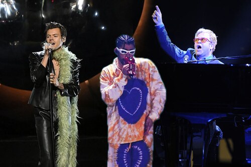 Photographs from live performances of Bad Bunny, Elton John, and Harry Styles. Photographs from live performances of Bad Bunny, Elton John, and Harry Styles.