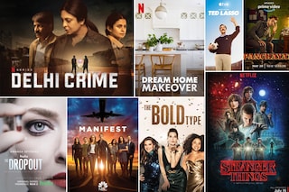Top row: Delhi Crime, Dream Home Makeover, Ted Lasso, Panchayat Bottom row: The Dropout, Manifest, The Bold Type, Stranger Things