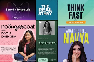 Top row: Sound + Image Lab: The Dolby Institute Podcast, The Real Story by the BBC World Service, Think Fast with Varun and Suchita: Bottom row: NoSugarCoat with Pooja Dhingra, Archetype with Meghan, What the hell Navya