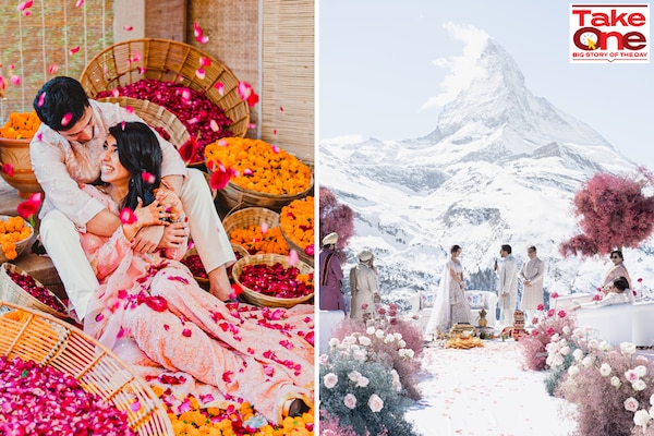 (left) Wedding design company The A-Cube Project recreated the chaotic vibe of a phool mandi for a wedding that took place in Umaid Bhawan Palace, Jodhpur. Image Credit: The A-Cube Project
(Right) Sonam Babani aka Fashioneiress weds entrepreneur Neil Sanghvi  2,222 meters above sea level overlooking the snow-capped mountain Matterhorn in Zermatt, Switzerland. Image Credit: David Bastiononi