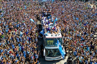 "Muchachos" was heard on repeat in central Buenos Aires where huge crowds of fans gathered to welcome the victorious team. Image Credit: Photography TOMAS CUESTA / AFP