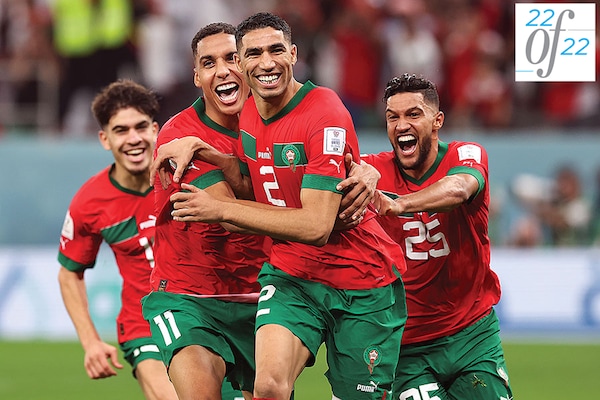 Morocco’s Achraf Hakimi exults after scoring the winning penalty against Spain at the Fifa World Cup. He became an overnight hero as the Arab country won against its formidable rivals Image: Ian Macnicol/Getty Images