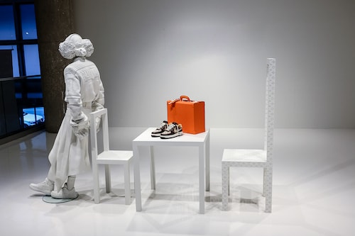 Sotheby"s auction marks the first-ever release of the Louis Vuitton x Nike “Air Force 1" sneakers created by Virgil Abloh (for the Louis Vuitton Spring-Summer 2022 Collection) in New York City on January 21, 2022. Proceeds will benefit The Virgil Ablohâ„¢ “Post-Modern" Scholarship Fund, which in partnership with the Fashion Scholarship Fund, supports the education of academically promising students of Black, African American, or African descent.