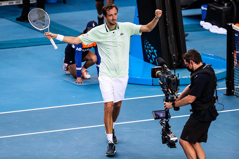Russia"s Daniil Medvedev celebrates winning his fourth round match against Maxime Cressy of the U.S. Australian Open - Melbourne Park, Australia - January 24, 2022.