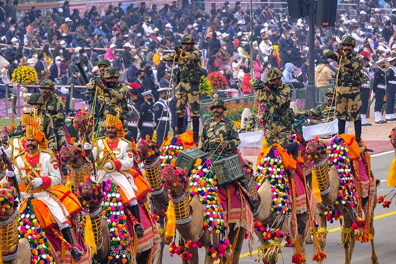 Border Security Force personnel on the backs of camels move through the ceremonial Rajpath during the Republic Day parade in New Delhi, India, on Wednesday, January 26, 2022.