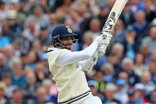 India"s skipper Jasprit Bumrah smashes one to the boundary during the fifth cricket Test match between England and India at Edgbaston, England on July 2, 2022. Bumrah smashed 29 runs in one over, to break the world record for most runs in an over in test cricket.