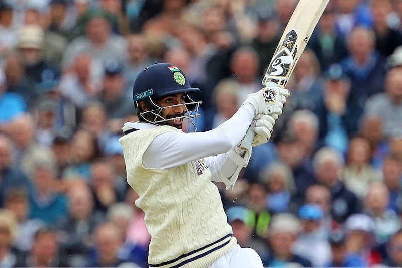 India"s skipper Jasprit Bumrah smashes one to the boundary during the fifth cricket Test match between England and India at Edgbaston, England on July 2, 2022. Bumrah smashed 29 runs in one over, to break the world record for most runs in an over in test cricket.