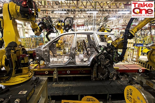 Robotic arms on the production line at the Mahindra & Mahindra Ltd"s facility in Chakan, Maharashtra
Image: Udit Kulshrestha/Bloomberg via Getty Images Robotic arms on the production line at the Mahindra & Mahindra Ltd"s facility in Chakan, Maharashtra
Image: Udit Kulshrestha/Bloomberg via Getty Images