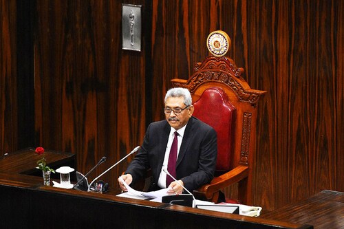 In this file photo taken on January 3, 2020, Sri Lanka"s new President Gotabaya Rajapaksa makes his first policy address at the national parliament after his landslide electoral victory, in Colombo. Millions of rupees in cash left behind by President Gotabaya Rajapaksa when he fled his official residence in the capital will be handed over to court on July 11, 2022, police said. Image:&nbsp<span style="">Ishara S. Kodikara / AFP