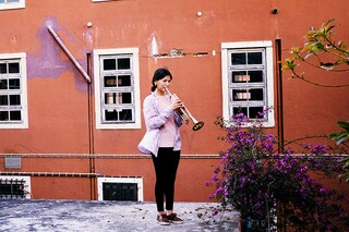 Zohra Ahmadi plays trumpet at the Afghanistan National Institute of Music compound, in Lisbon, Portugal, on May 8, 2022. Ahmadi was convinced from a young age that she wanted to be a professional musician. (Isabella Lanave/The New York Times)