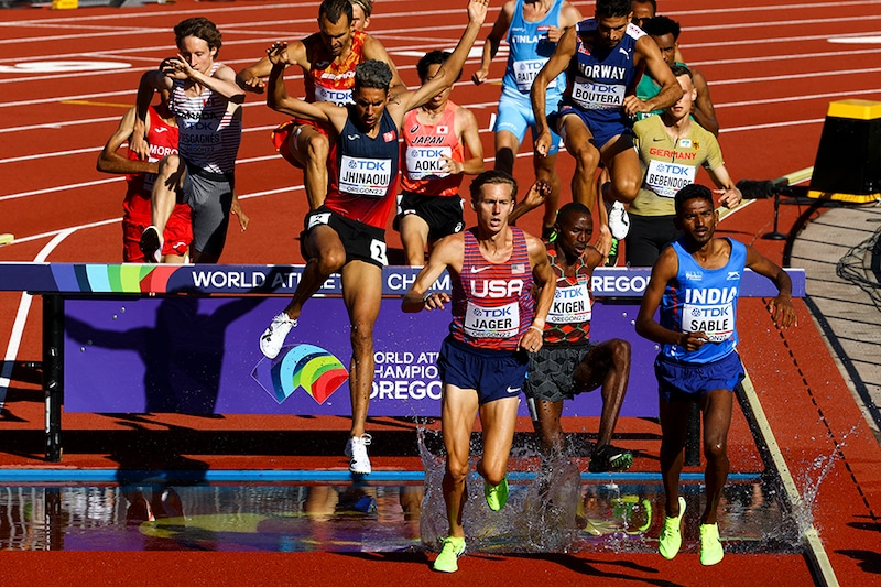India"s Avisnash Mukund Sable leads heat 3 of the Men"s 3000 Metres Steeplechase during World Athletics Championships at Hayward Field, Eugene, Oregon, US on July 15, 2022. Sable has qualified for the finals.