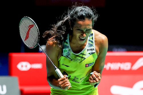 PV Sindhu celebrates match point against Wang Zhi Yi of China in their women"s singles final match during the Singapore Open at the Singapore Indoor Stadium on July 17, 2022 in Singapore.