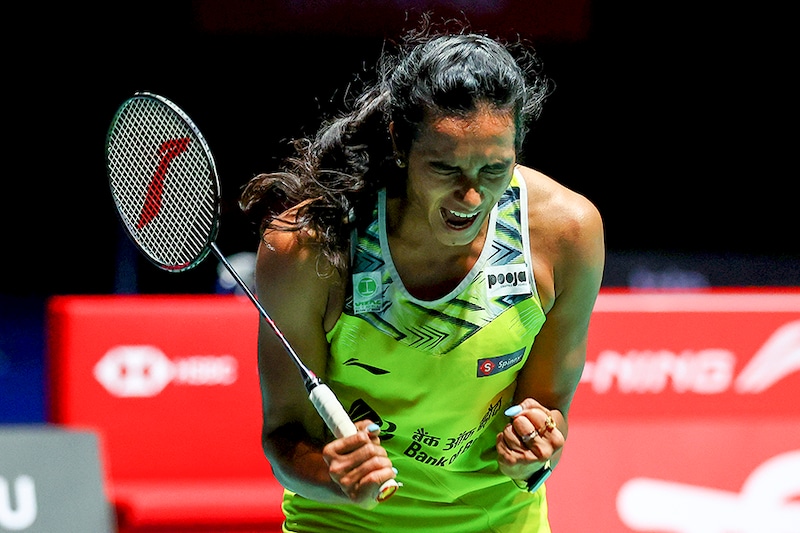 PV Sindhu celebrates match point against Wang Zhi Yi of China in their women"s singles final match during the Singapore Open at the Singapore Indoor Stadium on July 17, 2022 in Singapore.