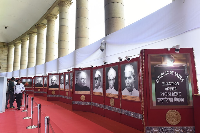 A view of the venue for India"s presidential election that displays portraits of past presidents at Parliament House on July 18, 2022, in New Delhi, India. The polls saw over 99 percent of the 4796 MPs and MLAs cast their vote across India. The election pits Droupadi Murmu, a 64-year-old tribal leader from Odisha against former finance minister Yashwant Sinha, the opposition"s joint candidate. Results will be declared on July 21, 2022.