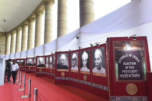 A view of the venue for India"s presidential election that displays portraits of past presidents at Parliament House on July 18, 2022, in New Delhi, India. The polls saw over 99 percent of the 4796 MPs and MLAs cast their vote across India. The election pits Droupadi Murmu, a 64-year-old tribal leader from Odisha against former finance minister Yashwant Sinha, the opposition"s joint candidate. Results will be declared on July 21, 2022.