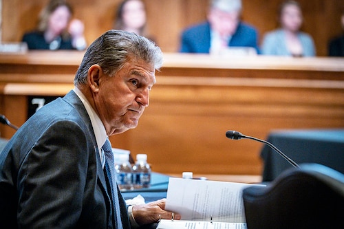 Sen. Joe Manchin (D-W.Va.) during a Senate committee hearing on Capitol Hill in Washington, May 4, 2022. Manchin effectively scuttled the Biden administration’s tax agenda in Congress by saying he could not immediately support a climate, energy and tax package he had previously indicated he could support. (Pete Marovich/The New York Times) Sen. Joe Manchin (D-W.Va.) during a Senate committee hearing on Capitol Hill in Washington, May 4, 2022. Manchin effectively scuttled the Biden administration’s tax agenda in Congress by saying he could not immediately support a climate, energy and tax package he had previously indicated he could support. (Pete Marovich/The New York Times)