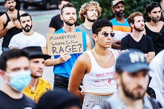 People protest during a rally calling for more government action to combat the spread of monkeypox at Foley Square on July 21, 2022 in New York City. At least 267 New Yorkers have tested positive for monkeypox, a virus similar to smallpox, but with milder symptoms. Image: Jeenah Moon/Getty Images/AFP 