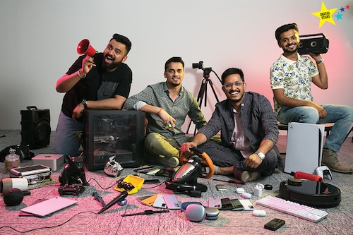 (From left) Rupesh Sinha, the face of the videos on Beebom, co-founders Kapil Jindal and  Devinder Maheshwari, and video producer Akshay Gangwar
Image: Madhu Kapparath (From left) Rupesh Sinha, the face of the videos on Beebom, co-founders Kapil Jindal and  Devinder Maheshwari, and video producer Akshay Gangwar
Image: Madhu Kapparath