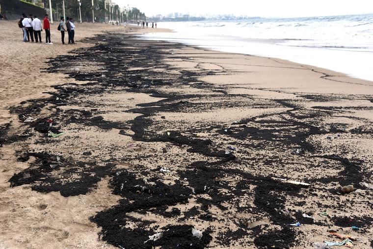 Sticky tar balls resurfaced on the shore of Juhu beach on July 24, 2022, in Mumbai, India. The tar balls get pushed to the shore during monsoon due to wind speed and direction, suspected of having been formed by weathering crude oil from the large cargo ships in the deep sea.