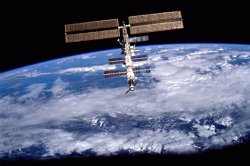 A photo provided by NASA shows the International Space Station in August 2001. The station was built as a symbol of post-Cold War cooperation between the world’s space superpowers. (NASA via The New York Times)