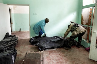 The bodies of Russian soldiers in the morgue in Trostyanets, Ukraine, on Friday, April 1, 2022. The Biden administration is quietly circulating an estimate of Russian casualties in Ukraine that far exceeds earlier U.S. estimates, telling lawmakers that more than 75,000 members of Russia’s forces had been killed or injured. (Tyler Hicks/The New York Times)
