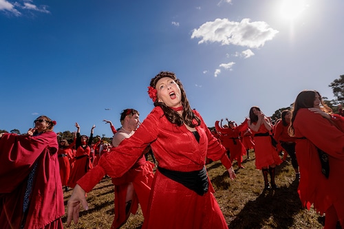 Kate Bush fans gather to dance at Sydney Park on July 30, 2022 in Sydney, Australia. The Most Wuthering Heights Day is when people all around the world come together to recreate Kate Bush"s 1978 Wuthering Heights music video, inspired by Emily Bronte"s 1847 novel.