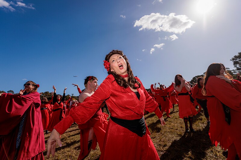 Kate Bush fans gather to dance at Sydney Park on July 30, 2022 in Sydney, Australia. The Most Wuthering Heights Day is when people all around the world come together to recreate Kate Bush"s 1978 Wuthering Heights music video, inspired by Emily Bronte"s 1847 novel.