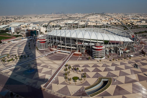 View of the Khalifa football stadium is taken at the ASPIRE Academyâ€‹. ASPIRE Zone, also known as Doha Sports City. The Khalifa International football stadium is placed at Aspire Zone. The FIFA World Cup 2022 will take place in Qatar. (Credits: Nadine Rupp/Getty Images)