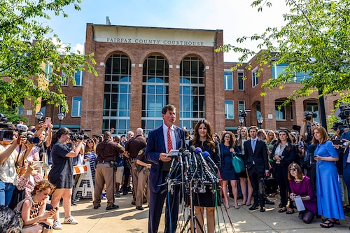 Ben Chew and Camille Vasquez, attorneys for US actor Johnny Depp, speak to reporters outside the Fairfax County Circuit Courthouse on June 01, 2022, in Fairfax, Virginia. A US jury found Wednesday that US actress Amber Heard had made defamatory claims of abuse against her ex-husband Johnny Depp, and awarded him $15 million in damages.